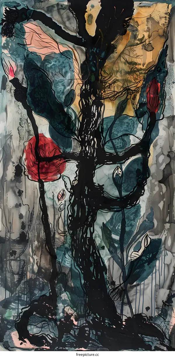 Abstract Painting of a Tree with Red Flowers