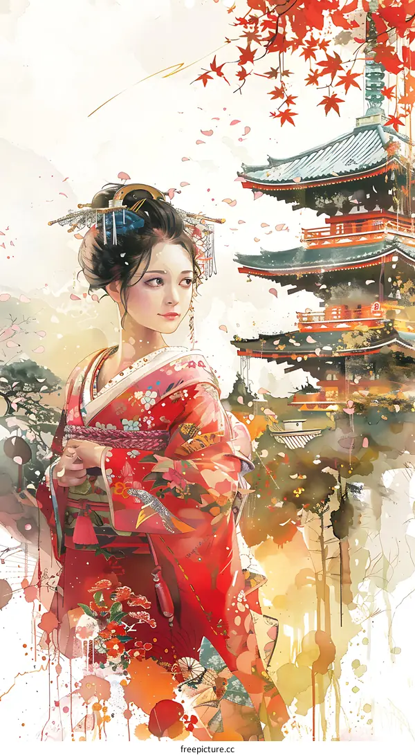 A beautiful Japanese woman in a red kimono standing in front of a pagoda