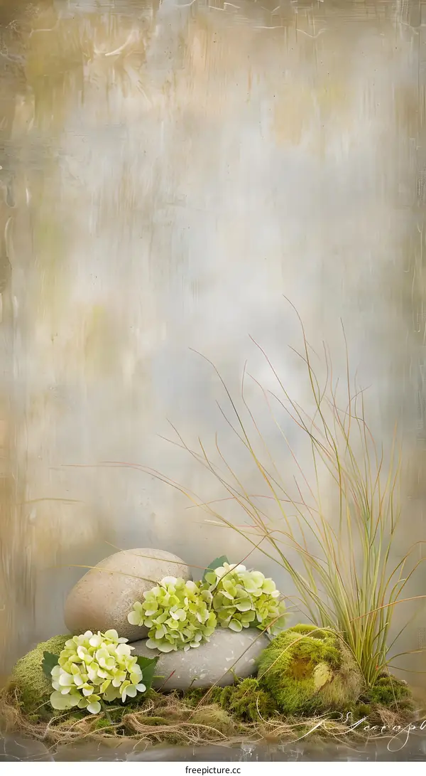 Hydrangeas, Stones, and Grass on a Rustic Background