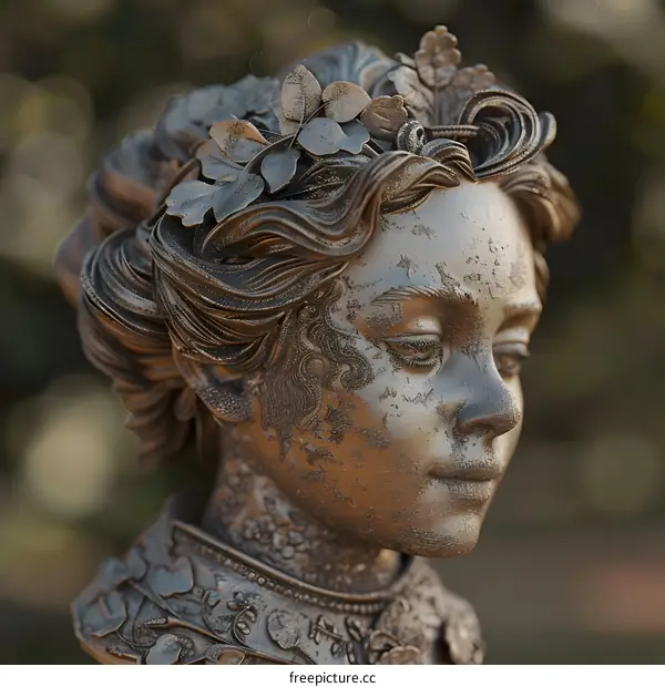 A metallic sculpture of a womans head and shoulders