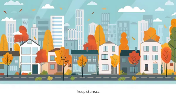 Autumn Cityscape with Colorful Trees and Buildings