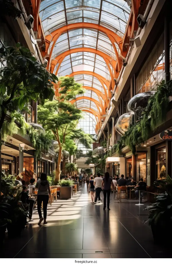 A group of people walking in a shopping mall with glass ceiling