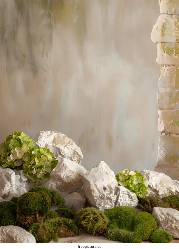 Green Moss and White Stones with  Vintage Wall Background