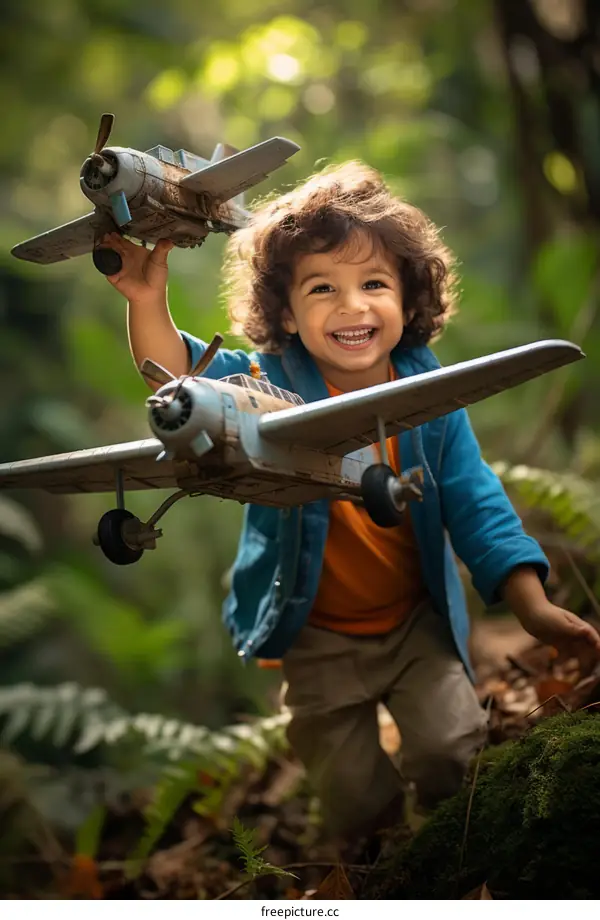 Little Boy Playing with Toy Airplanes in the Woods