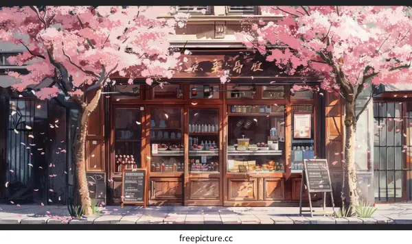 A beautiful European-style shop with pink cherry blossoms