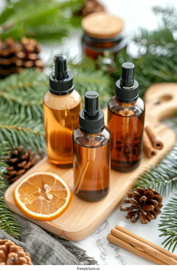 Amber Glass Bottles with Essential Oil on Wooden Board with Christmas Decorations