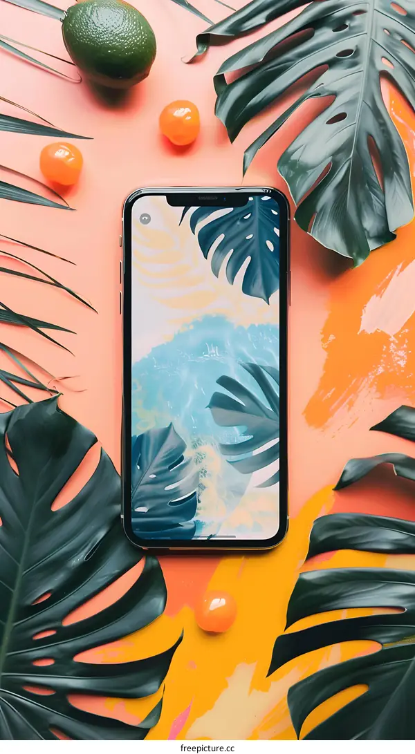 Phone Screen With Tropical Leaves and Fruits