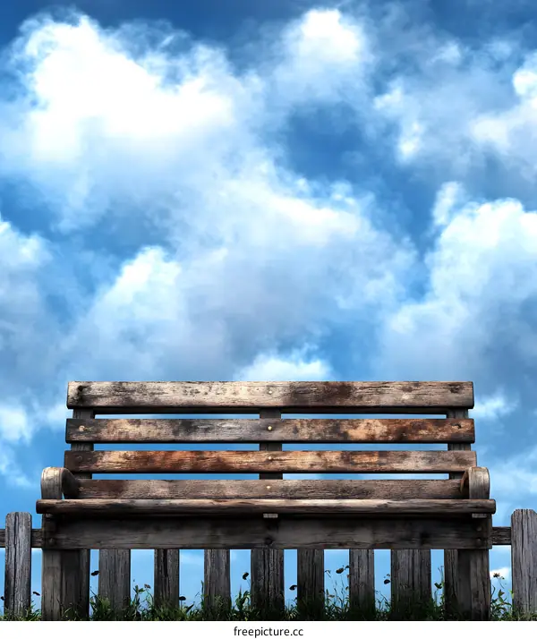 Wooden Bench with Cloudy Sky Background