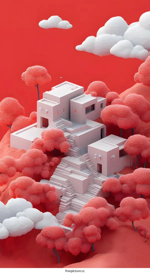 3D Minimalist Illustration of a White House in Red Landscape with White Clouds