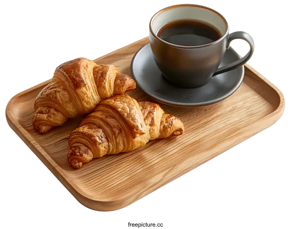 [Transparent Background PNG]Two Croissants and a Cup of Coffee on a Wooden Tray