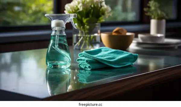 A spray bottle and a folded cloth on a table