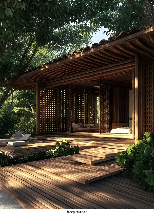 Modern Wooden House with Green Foliage and Natural Light