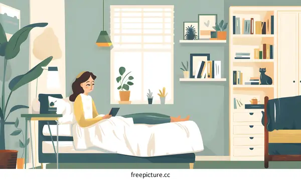 Woman Relaxing in Bed at Home with Bookshelf and Window