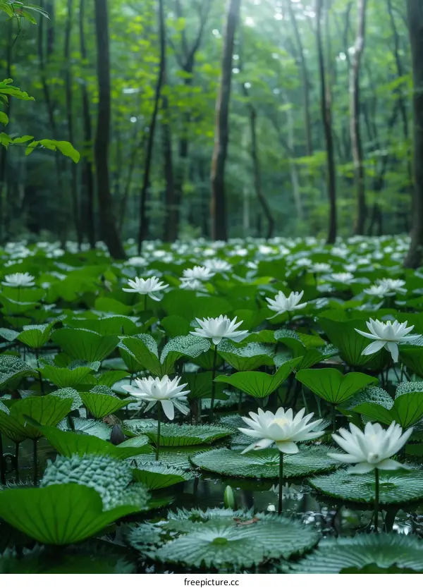 A Pond Abundant with Pristine White Water Lilies in a Verdant Forest