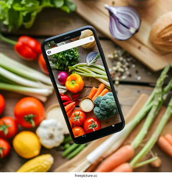 Smartphone Showing Colorful Vegetables on Wooden Table