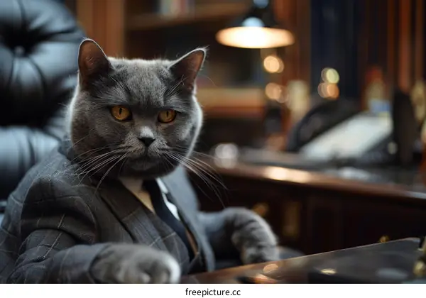 A gray cat wearing a suit and tie is sitting in a leather chair in an office.