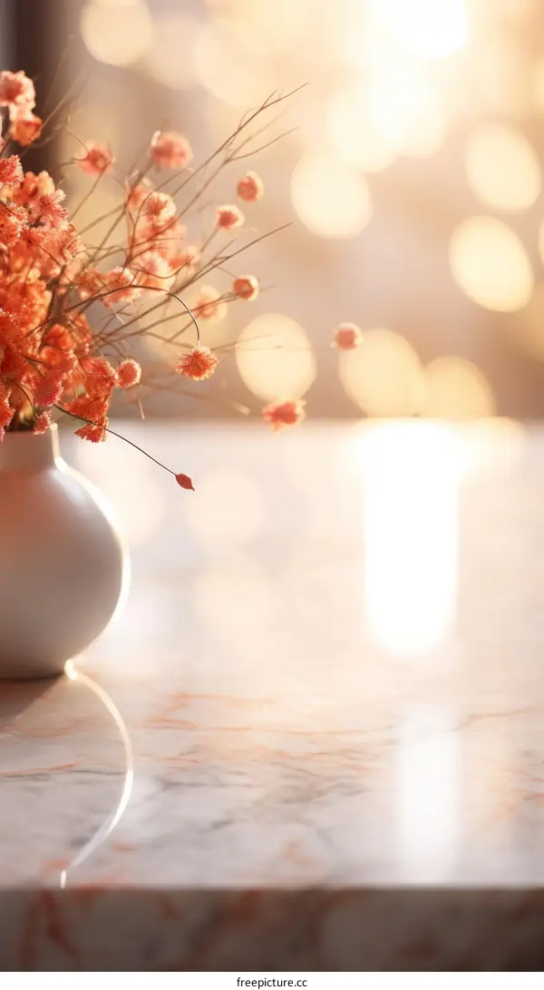 Dried flowers in a vase on a marble table