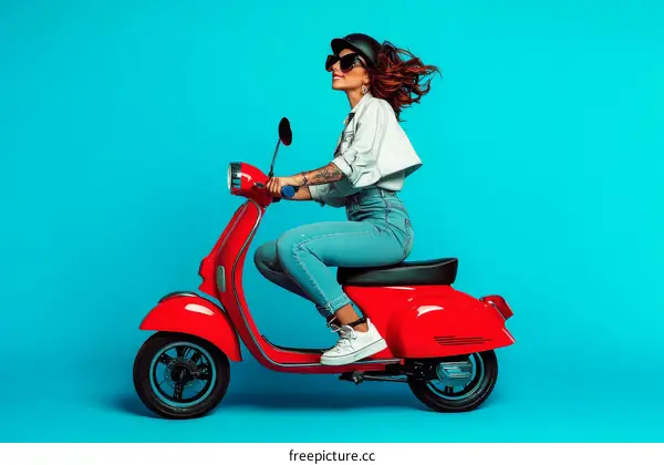 Stylish Woman Riding a Red Scooter in a Trendy Outfit