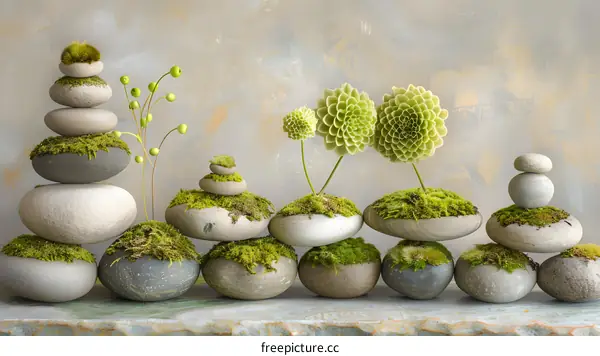 Zen Garden Stones with Moss and Green Plants