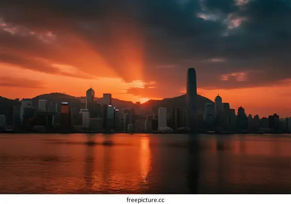Spectacular sunset over a modern city skyline with orange rays