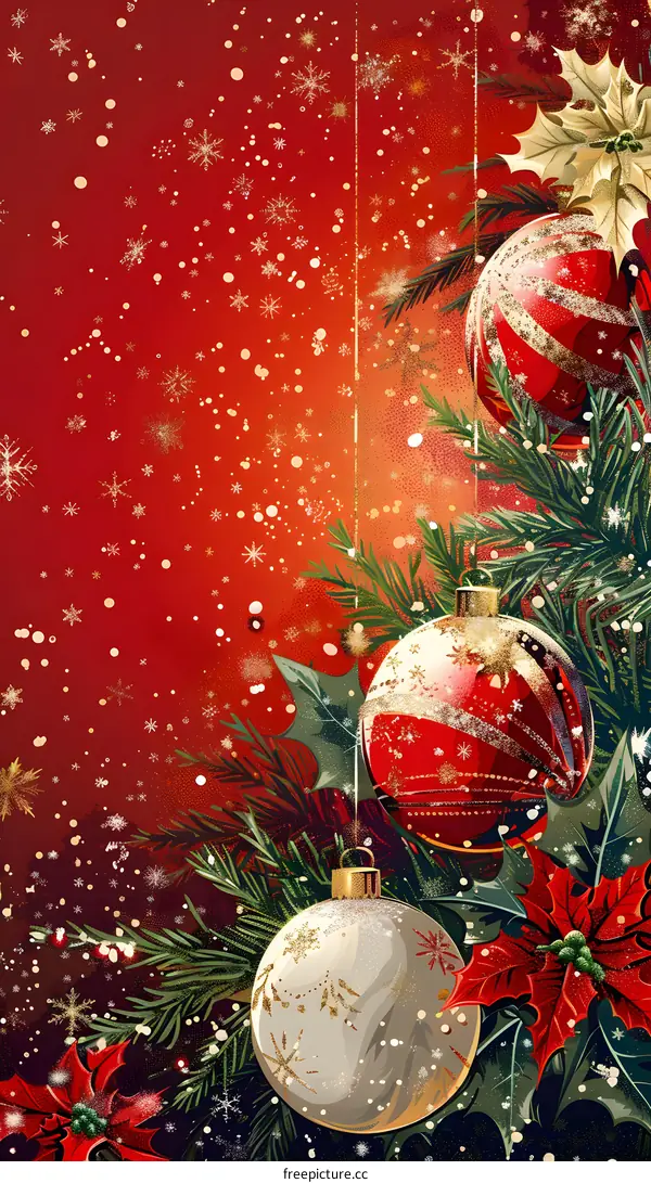 Christmas background with hanging ornaments and snowflakes