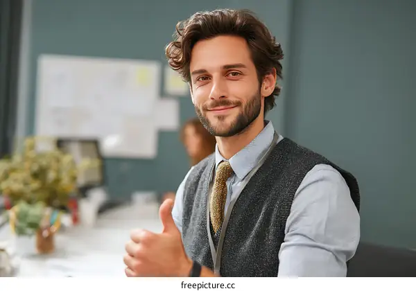 Caucasian Businessman Giving Thumbs Up in Office