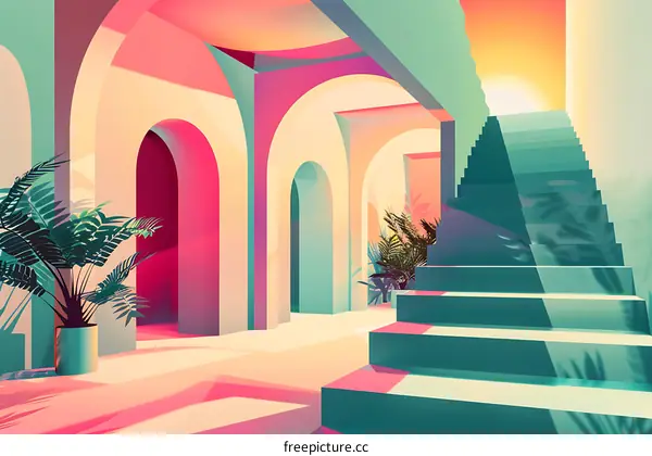 Abstract Archway Interior with Green Stairs and Plants