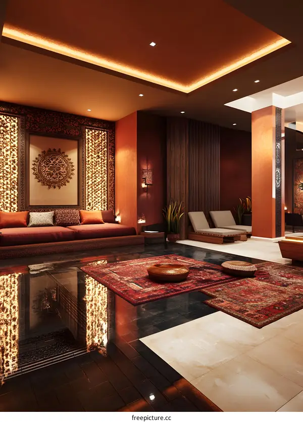 Modern Luxurious Spa Interior Design With Wooden Carvings And Red Rug