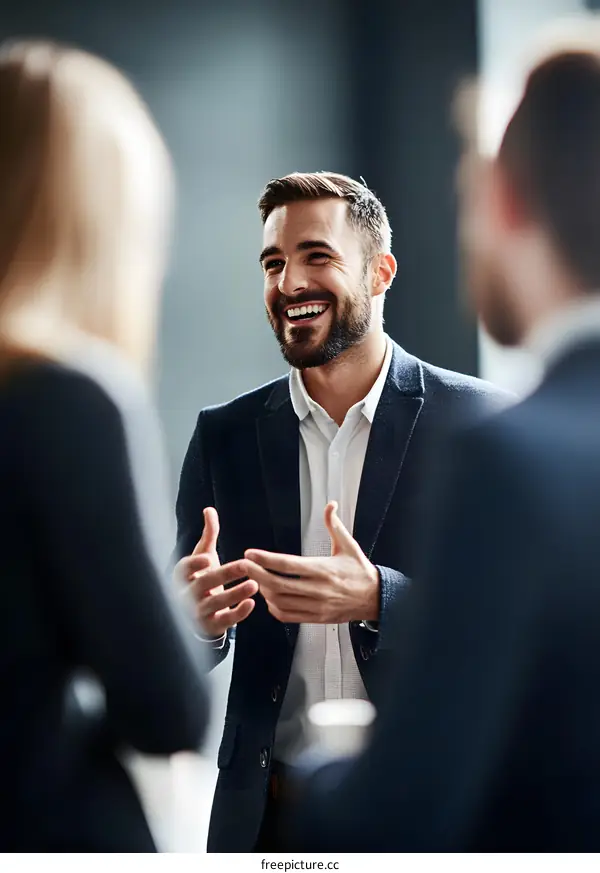 Businessman In A Meeting Smiling While Talking To Colleagues