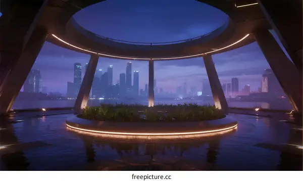 Modern Circular Observation Deck with City View at Dusk