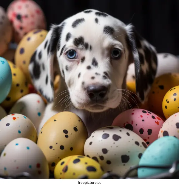 Dalmatian puppy surrounded by colorful Easter eggs