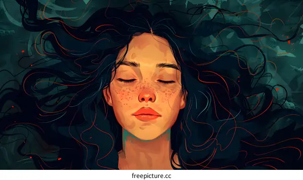 portrait of a young beautiful girl with freckles and black hair