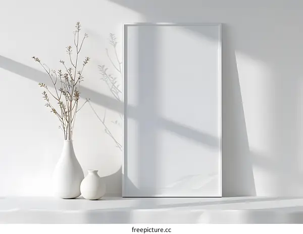 Minimalist White Interior Design with a Blank Canvas and Dried Flower Arrangement