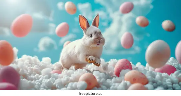 A Cute Little Bunny Hopping in a Field of Easter Eggs