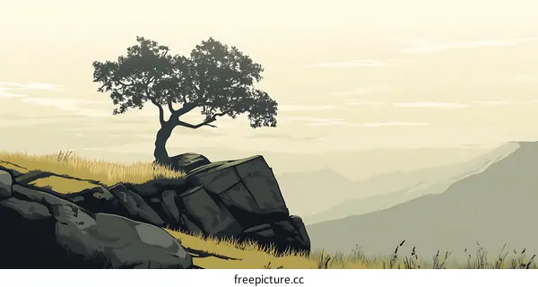 Lone Tree on a Cliff with Mountain Landscape