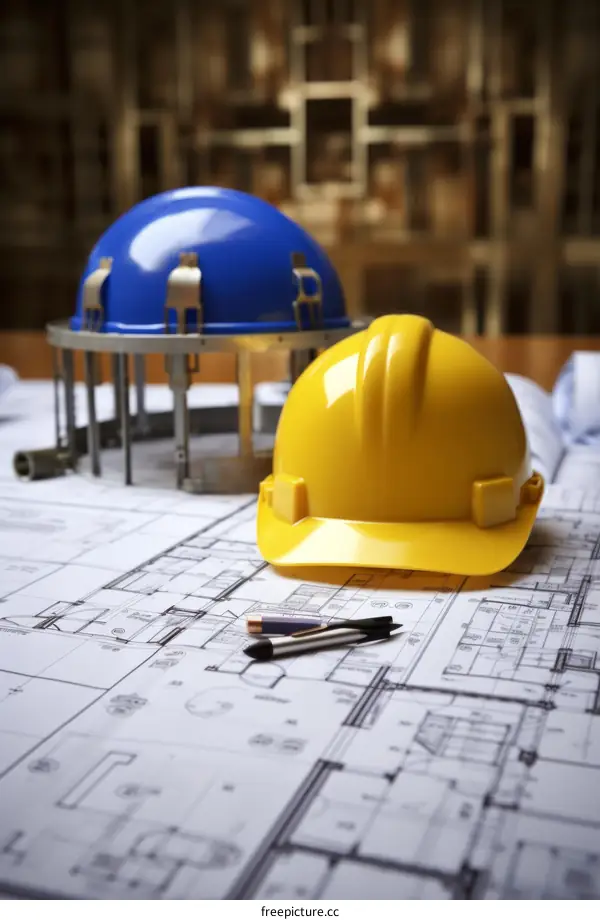 Blue and yellow hard hats on top of blueprints