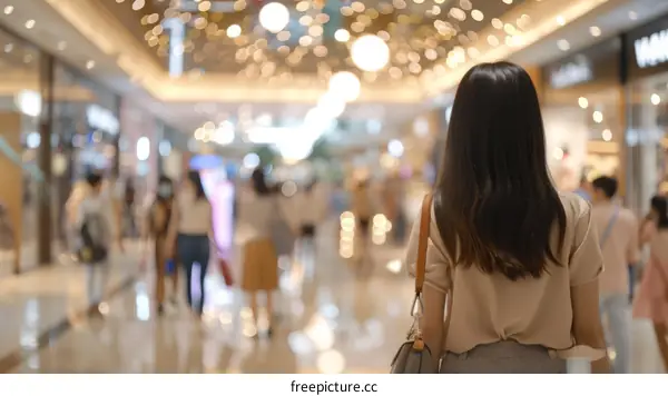 Asian woman wearing a beige blouse and gray pants walking in a shopping mall