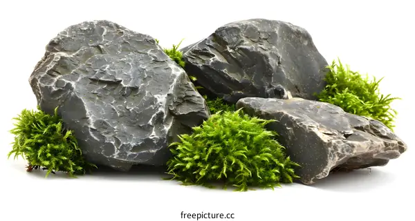 Gray Rocks with Green Moss on a White Background