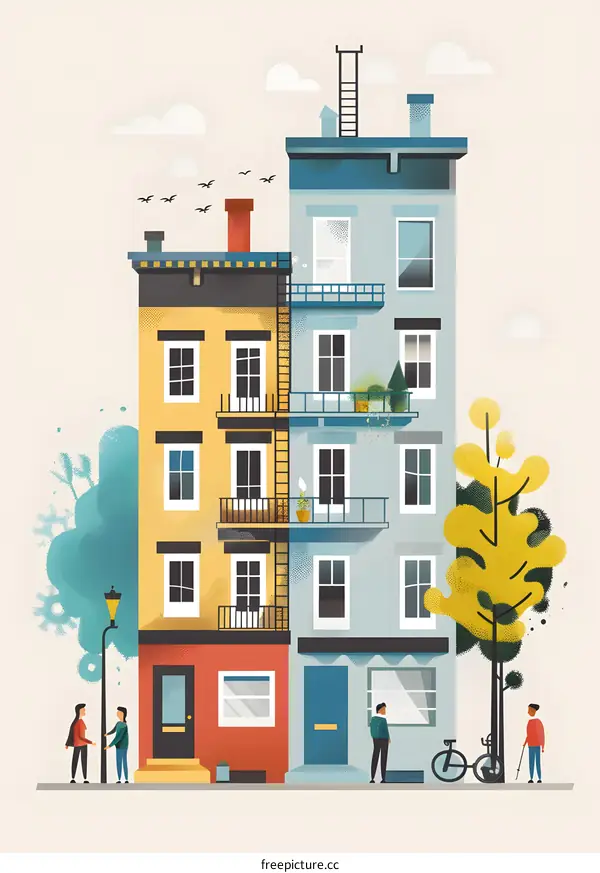 Colorful Illustration of City Street with Two Buildings and People