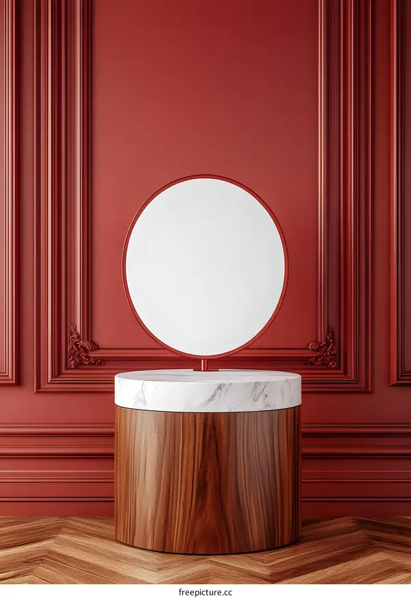 Modern Minimalist Design with White Circle Mirror on Wooden Table