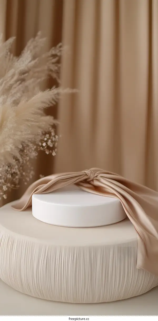 Minimalist Product Photography Setup with White Cylinder and Beige Fabric