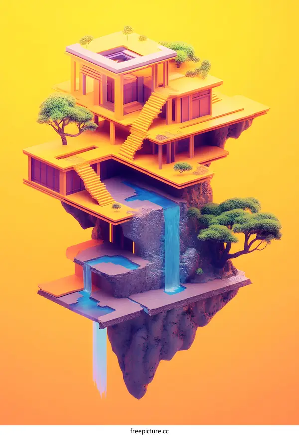 Floating House with Waterfall and Trees 3D Illustration