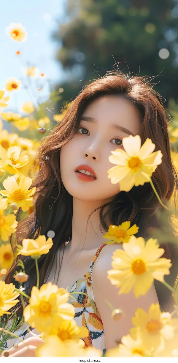 Young Woman in a Field of Yellow Flowers