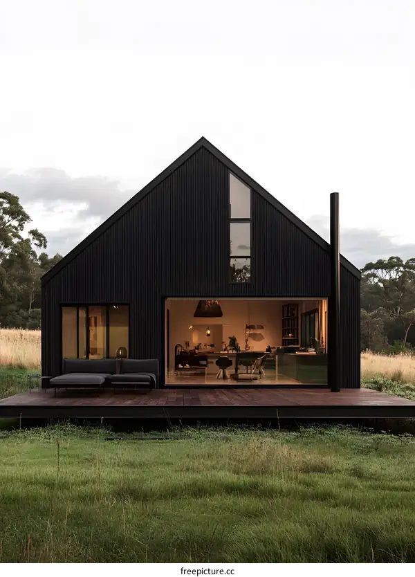 Modern Black House with Deck and Green Grass