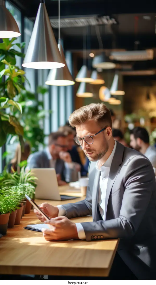 Businessman in suit working on tablet in a cafe