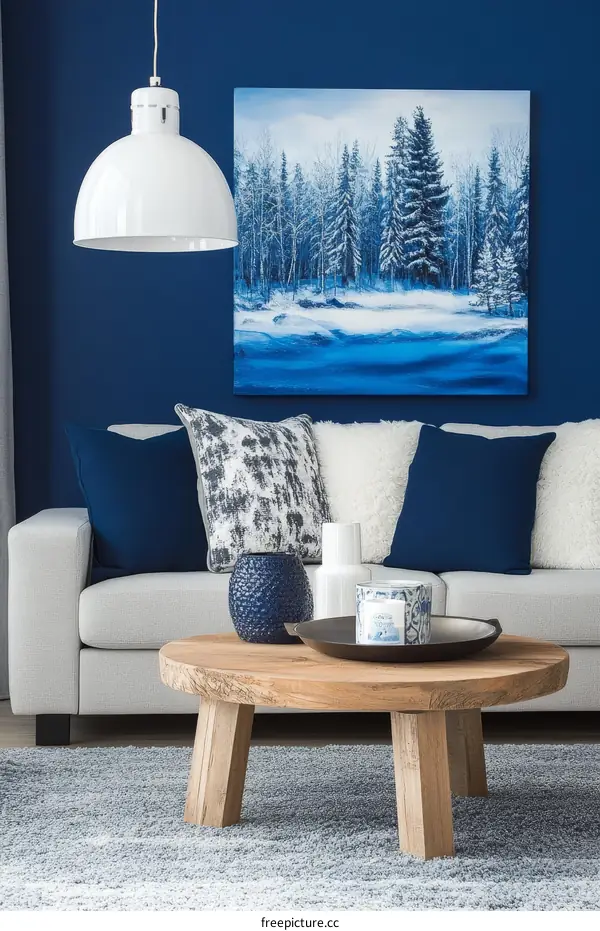 Cozy Living Room with Winter Scene Artwork