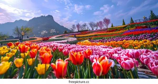 Colorful Tulip Fields in a Mountain Landscape