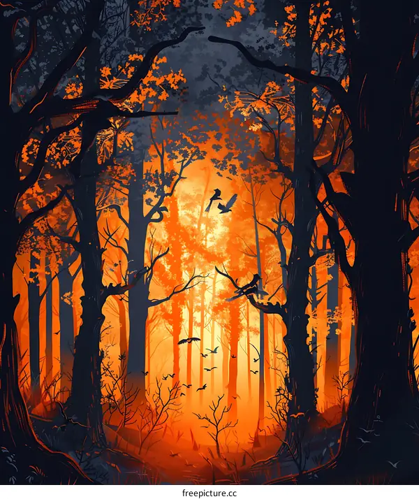 Autumn Forest with Silhouettes of Trees and Birds