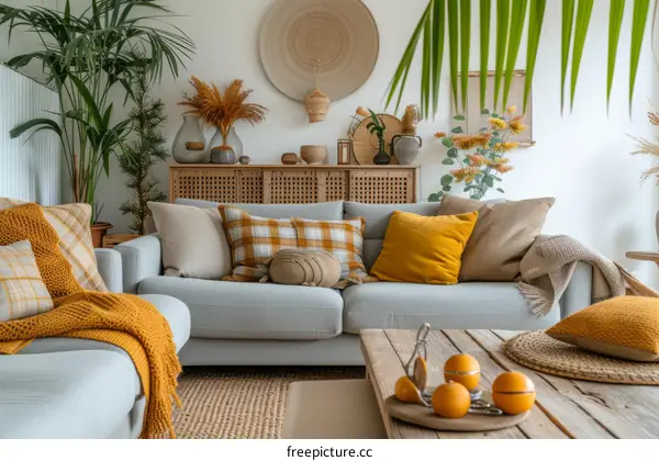 Cozy Living Room with Gray Sofa, Yellow Pillows, Wood Coffee Table