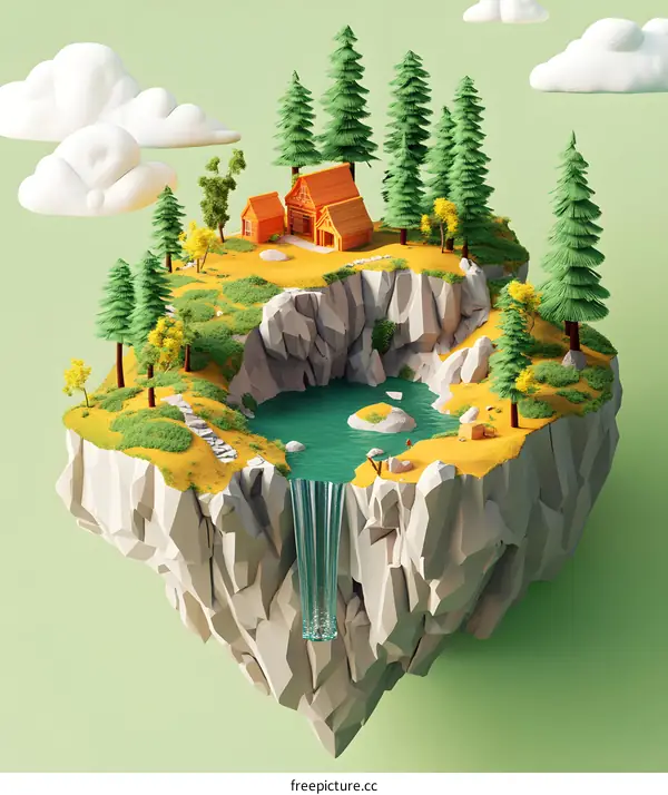 Low Poly Illustration of a Floating Island with a Waterfall